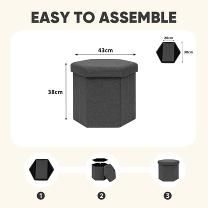 PINPLUS Folding Storage Ottoman, Linen Hexagonal Footrest, Dark Grey