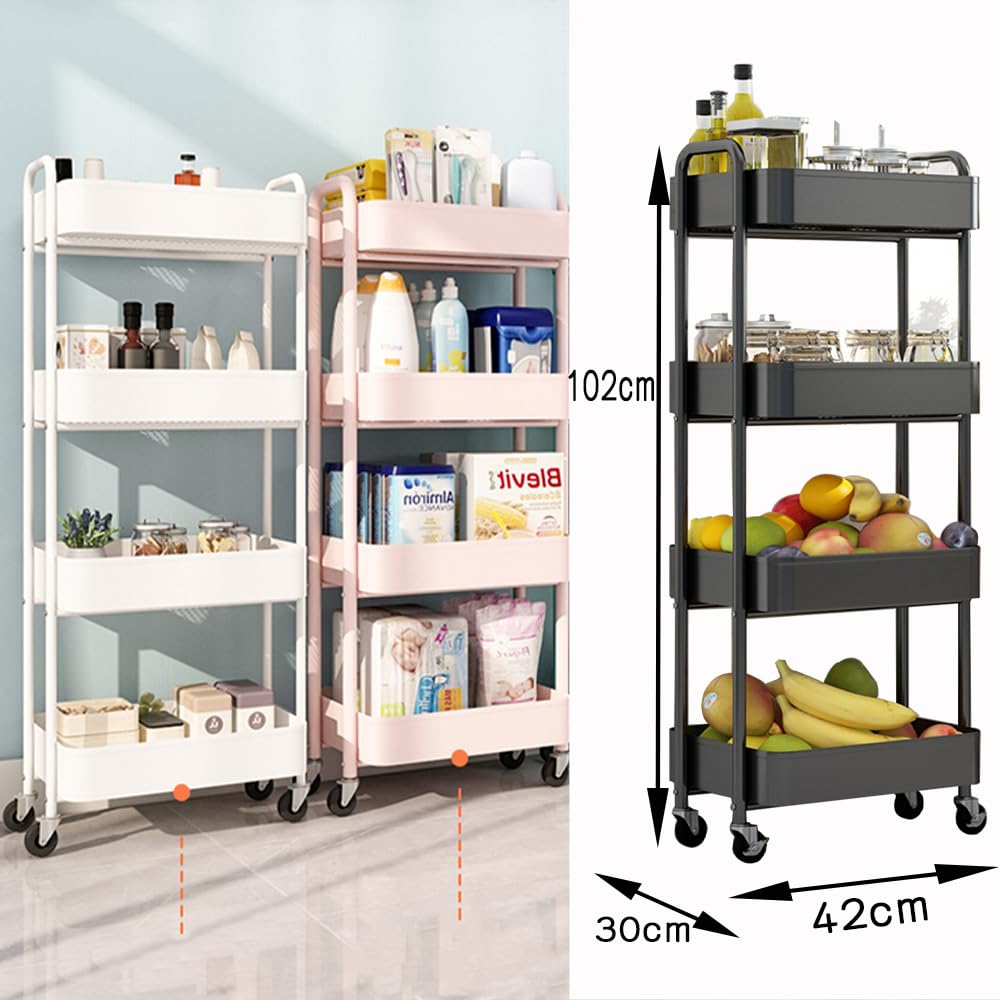 Heavy-Duty Iron Mesh 4-Tier Storage Rolling Cart Trolley Mobile Shelving Organiser with Swivel Wheels for Kitchen Bedroom Bathroom Laundry Office
