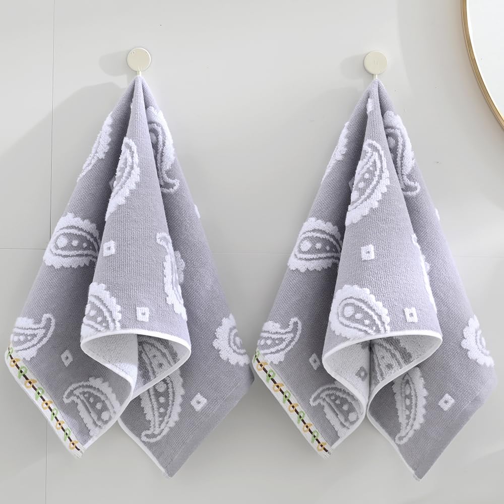 sense gnosis Grey Hand Towel Set of 2 Super Soft 100% Cotton Absorbent Paisley Pattren Jacquard Double-Faced Bath Hand Towels for Bathroom Home