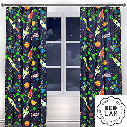 Bedlam - Supersonic - Glow In The Dark Lined Pencil Pleat Curtains - 66" Width x 72" Drop (168 x 183cm), Blue