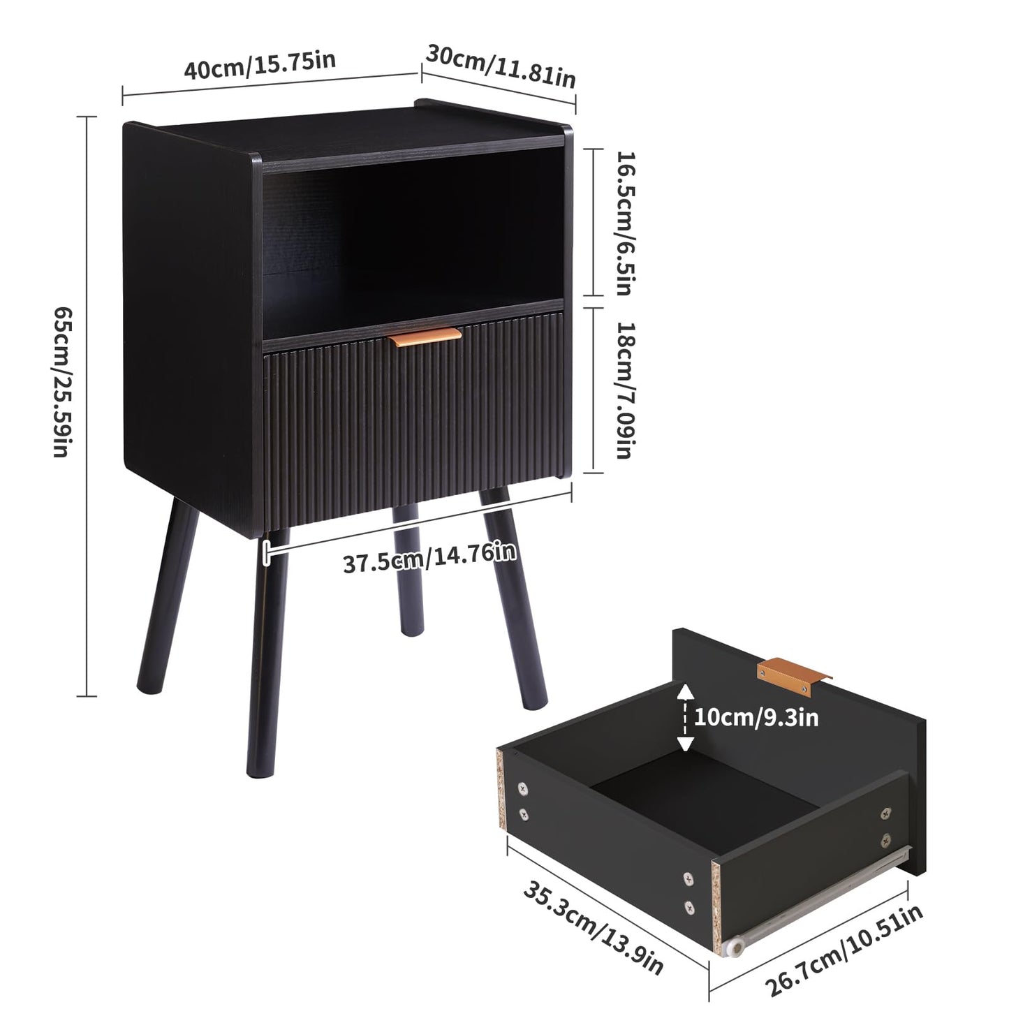 Aibiju Modern Nightstand with Drawer, Bedside Tables, Mid Century Nightstands with Open Storage Shelf, Wood Leg Bedside Table