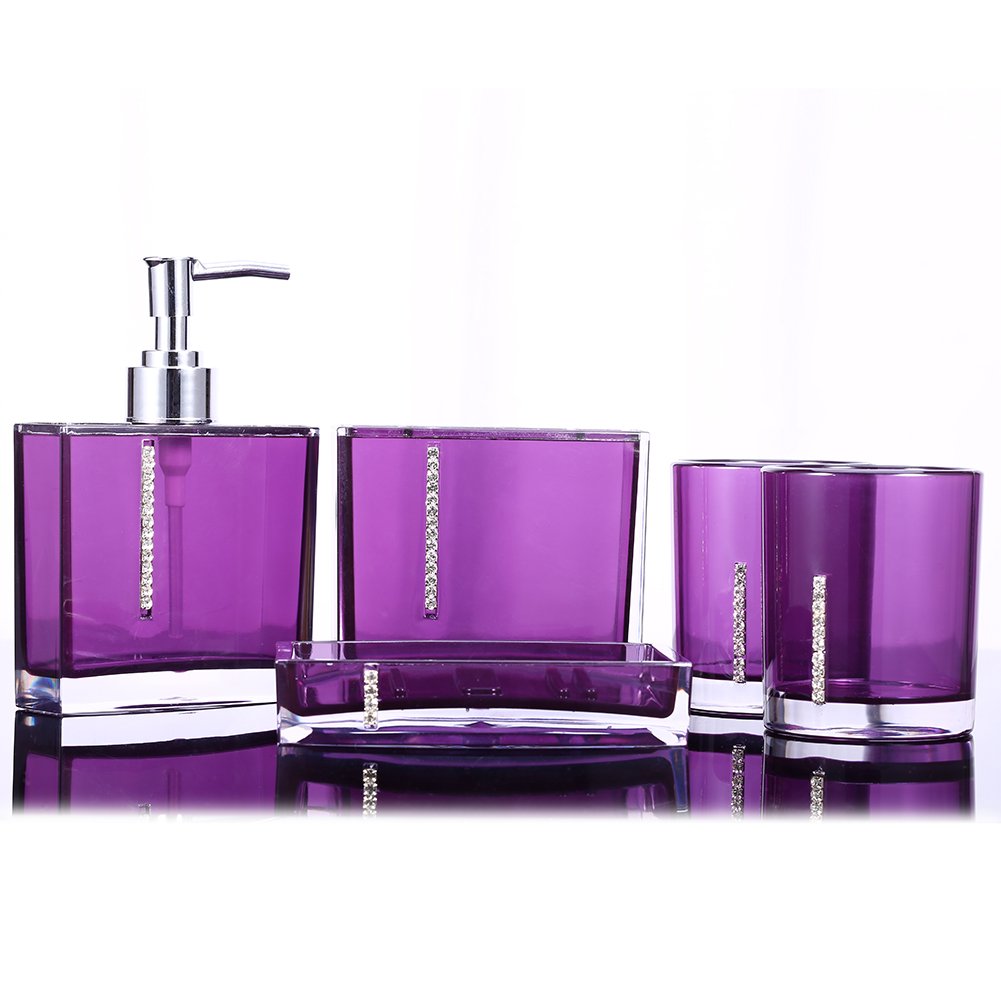 OVAQUIXI 5 Piece Purple Acrylic Bathroom Accessories Set - Toothbrush Holder, Soap Dish, Lotion Bottle & 2 Tumblers