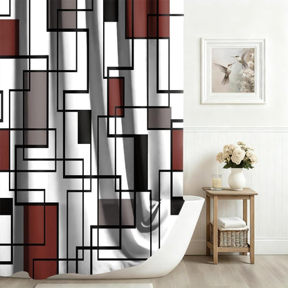 Xiaoterna Geometric Shower Curtain Abstract Red and Black Bathroom Curtain Modern Simplicity Geometric Square Waterproof Machine Washable Shower