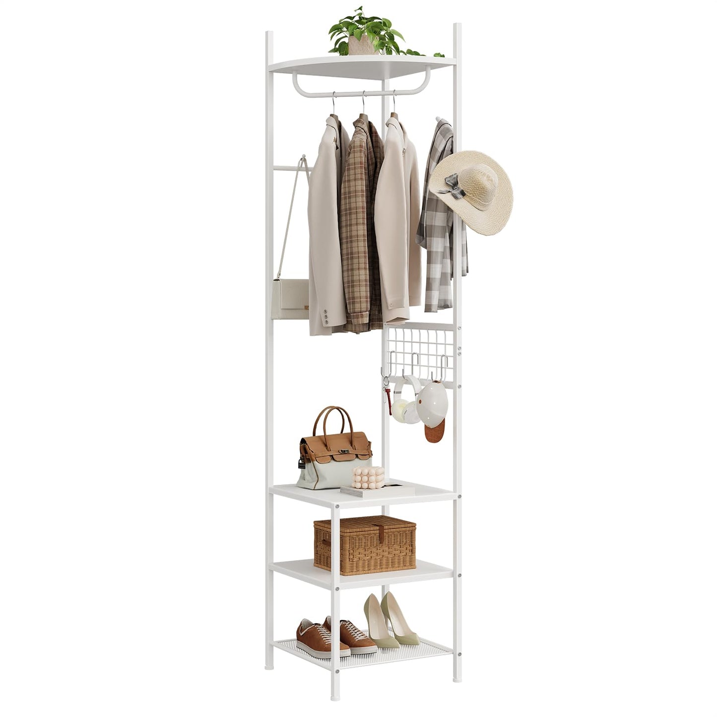 HOOBRO Corner Coat Stand, Coat Stands for Hallway, Freestanding Coat Rack with 5 Hooks and 4 Shelves, Clothes Rail with Hanging Rail, S-Hooks