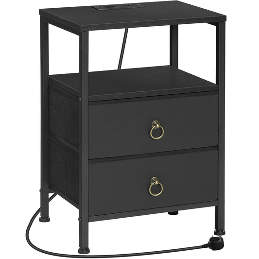 HOOBRO Bedside Table with Charging Station, Side Table with 2 USB Ports and Outlet, End Tables with 2 Fabric Drawers, Nightstand for Small Spaces,