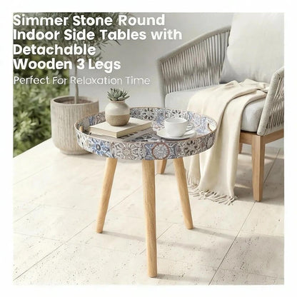 Simmer Stone Marble Round Indoor Side Tables with Detachable Wooden 3 Legs, Versatile Tray Table, Perfect For Round Coffee Table Tea