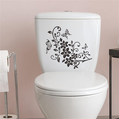 Black Flowers Butterfly Bathroom Toilet Seat Lid Cover Decals Stickers PVC Sticker Removable Self-Adhesive Restroom Decor Art Decoration Toilet Lid