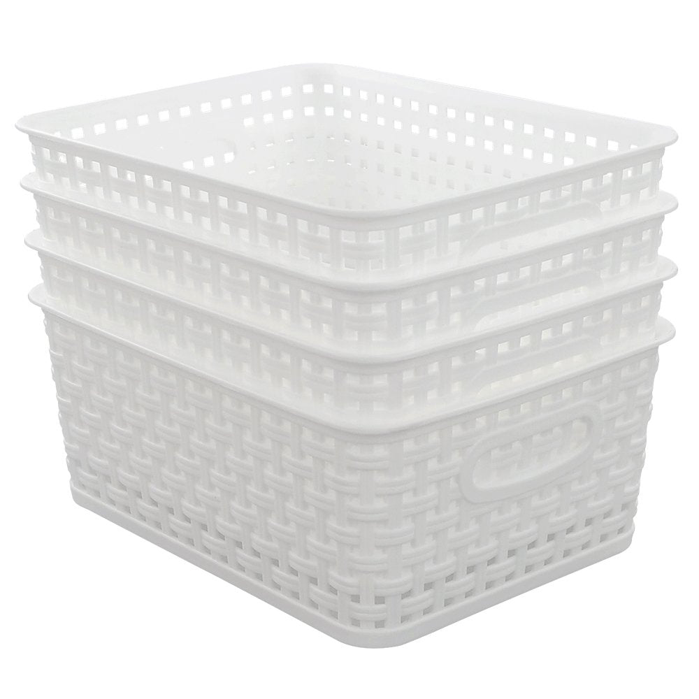 Lesbin Set of 4 Plastic Storage Basket, Weave Basket Small, White