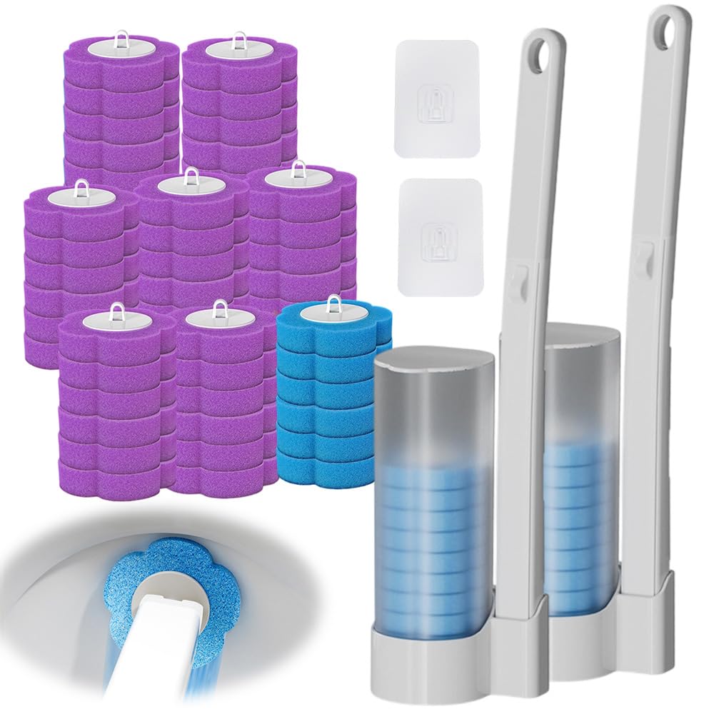 Disposable Toilet Brush 2 Pack, Toilet Brush and Holder Set with 48 Cleaner Refills, Disposable Toilet Cleaning System, Toilet Brush Replacement Head
