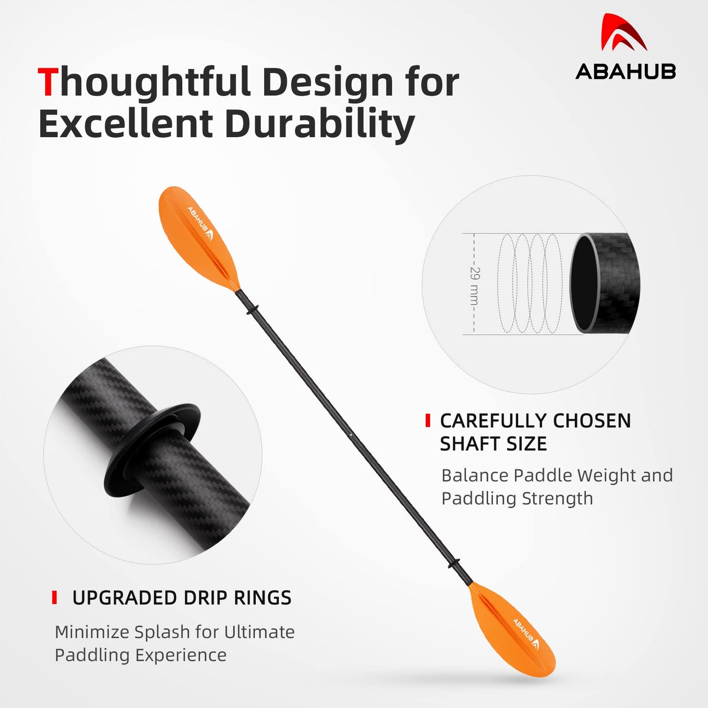 Abahub 1 x Carbon Kayak Paddles, 90.5 Inches Kayaking Oars for Boating, Canoeing with Paddle Leash, Carbon Fiber Shaft Orange Plastic Blades
