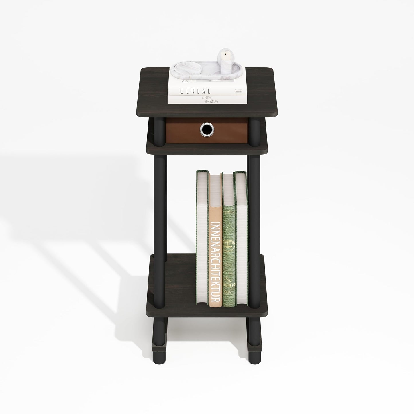 Furinno TURN-N-TUBE Side Table, 3-Tier End Table with Storage Bin, Open Shelf Night Stand, Bedside Table, Toolless Assembly, for Living Room, Bedroom