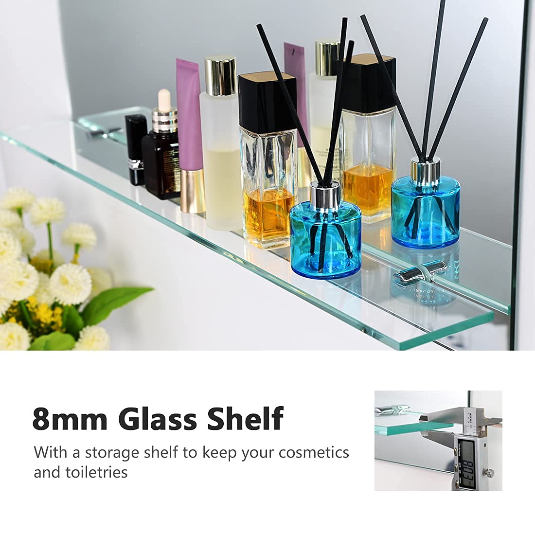 EMKE Frameless Mirror with Shelf - Small Bathroom Wall Shaving Mirror with Storage, Rectangle Vanity Mirrors 50x70cm