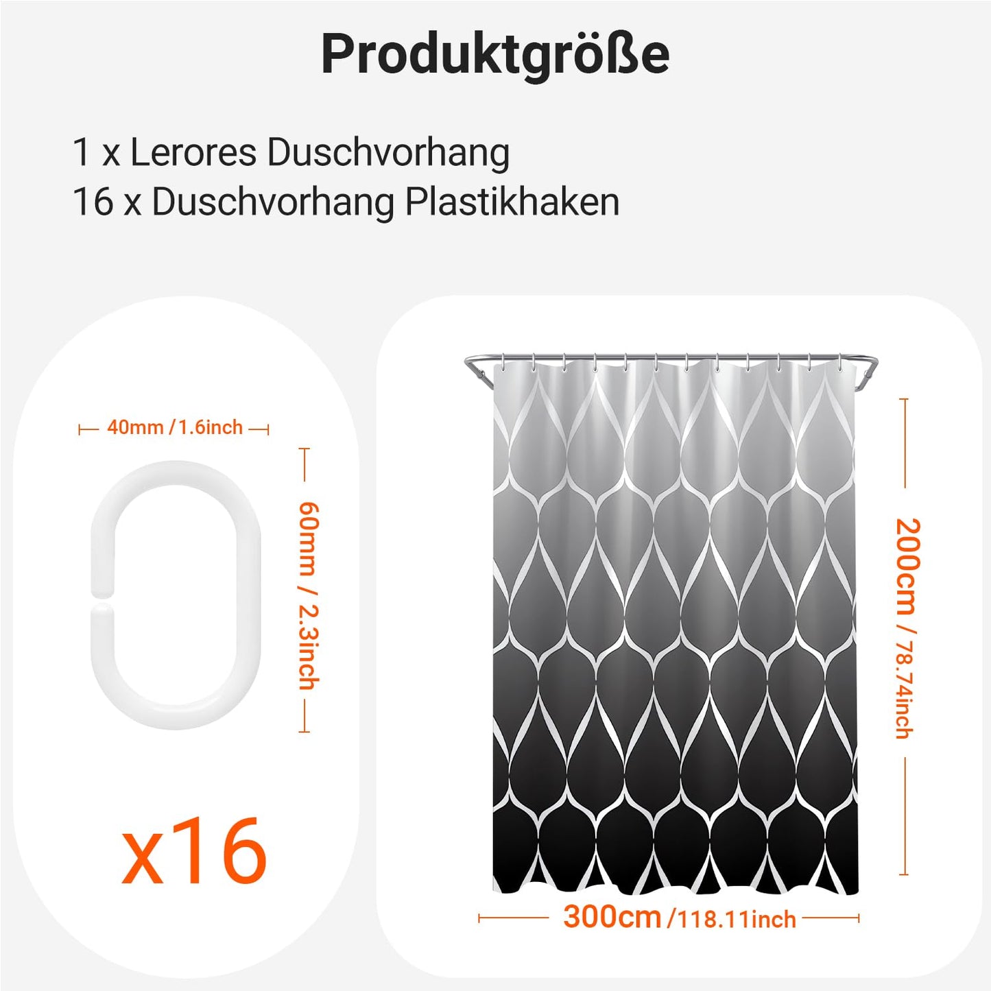 Shower Curtain 300 x 200 cm Gradient Black Water Drops, Weighted Hem, Anti-Mould Textile, Water-Repellent