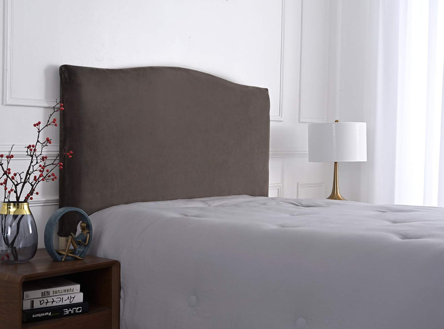 Meigeh Bed Headboard Cover Velvet Headboard Slipcovers Stretch Headboard Protector Headboard Cover for single double king size beds Coffee Grey