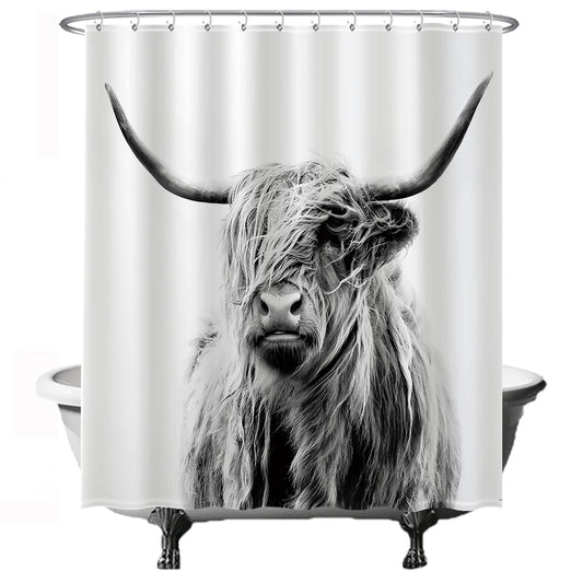 Ulticool Scottish Highlander Shower Curtain Black White 180 x 200 cm Anti Mould Washable Waterproof with 12 Rings