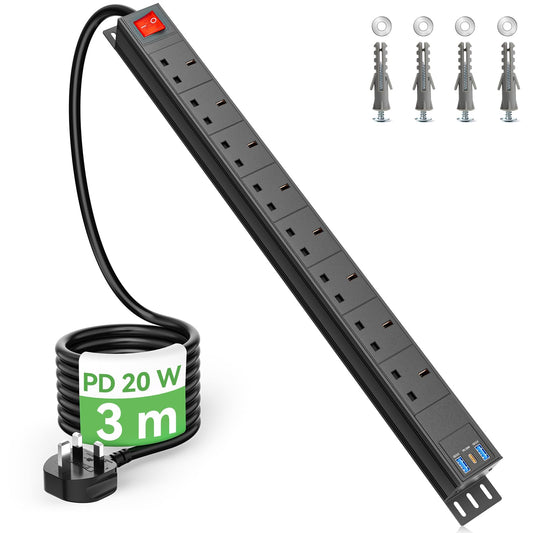 3m Cable 8 Way Power Strip Surge Protector, 8 Way Extension Lead USB C PD20W with Switches, Wall Mount Power Strip with Metal Casing for Home Office