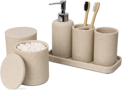 zccz Beige Bathroom Accessory Set 6 Pieces - Bathroom Organiser with Tootbrush Holder, Lotion Soap Dispenser, Vanity Tray and 2 Qtip Holders - Modern