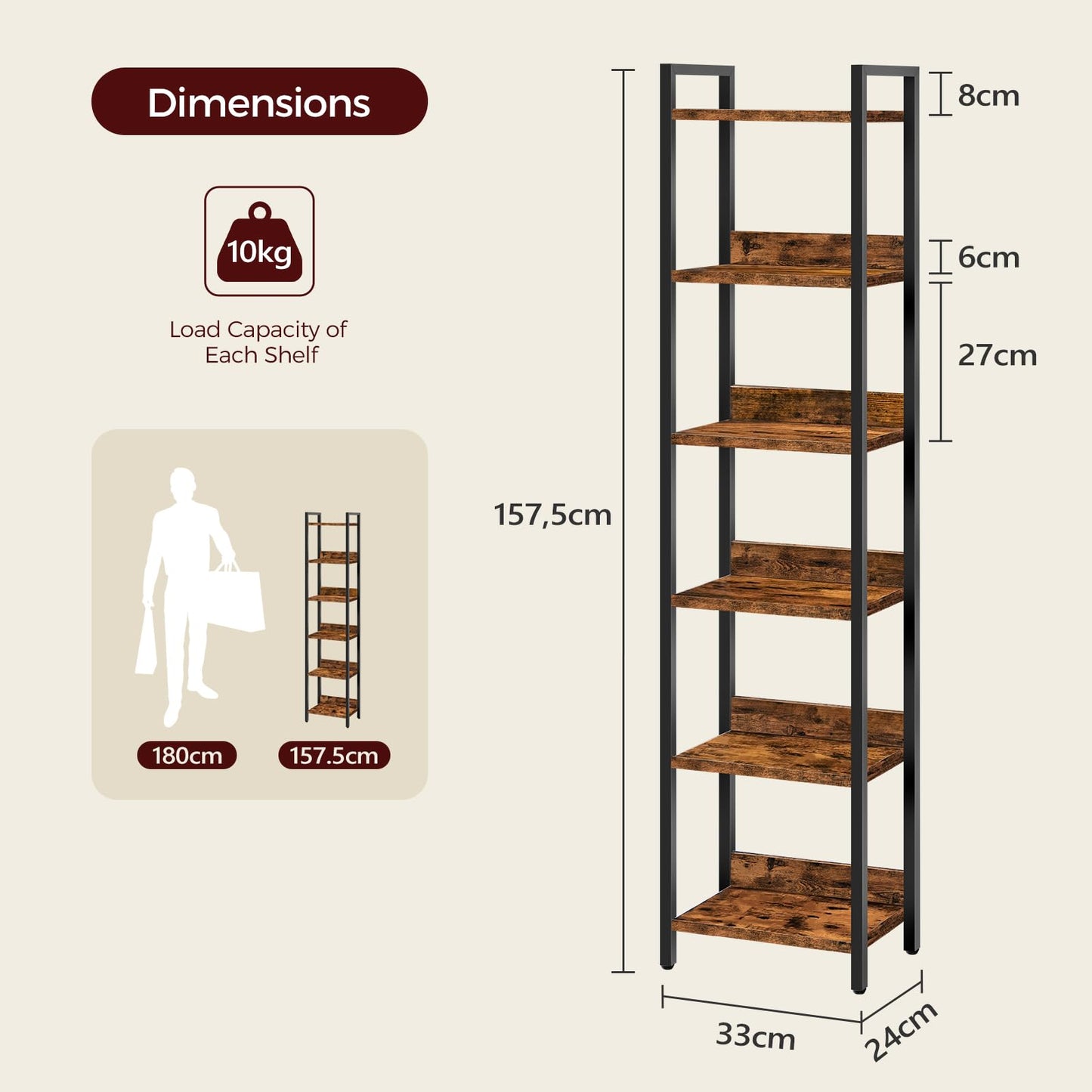 MAHANCRIS Bookshelf, 6-Tier Bookcase, Standing Book Shelf for Small Space, Storage Shelf Organizer, for Living Room, Bedroom, Study, Balcony