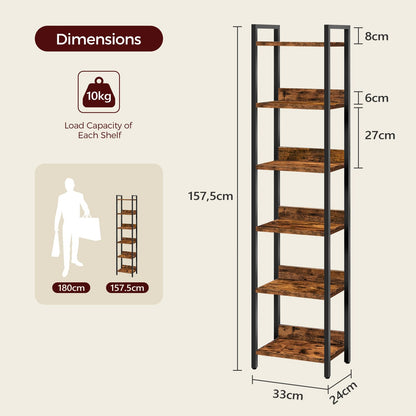MAHANCRIS Bookshelf, 6-Tier Bookcase, Standing Book Shelf for Small Space, Storage Shelf Organizer, for Living Room, Bedroom, Study, Balcony