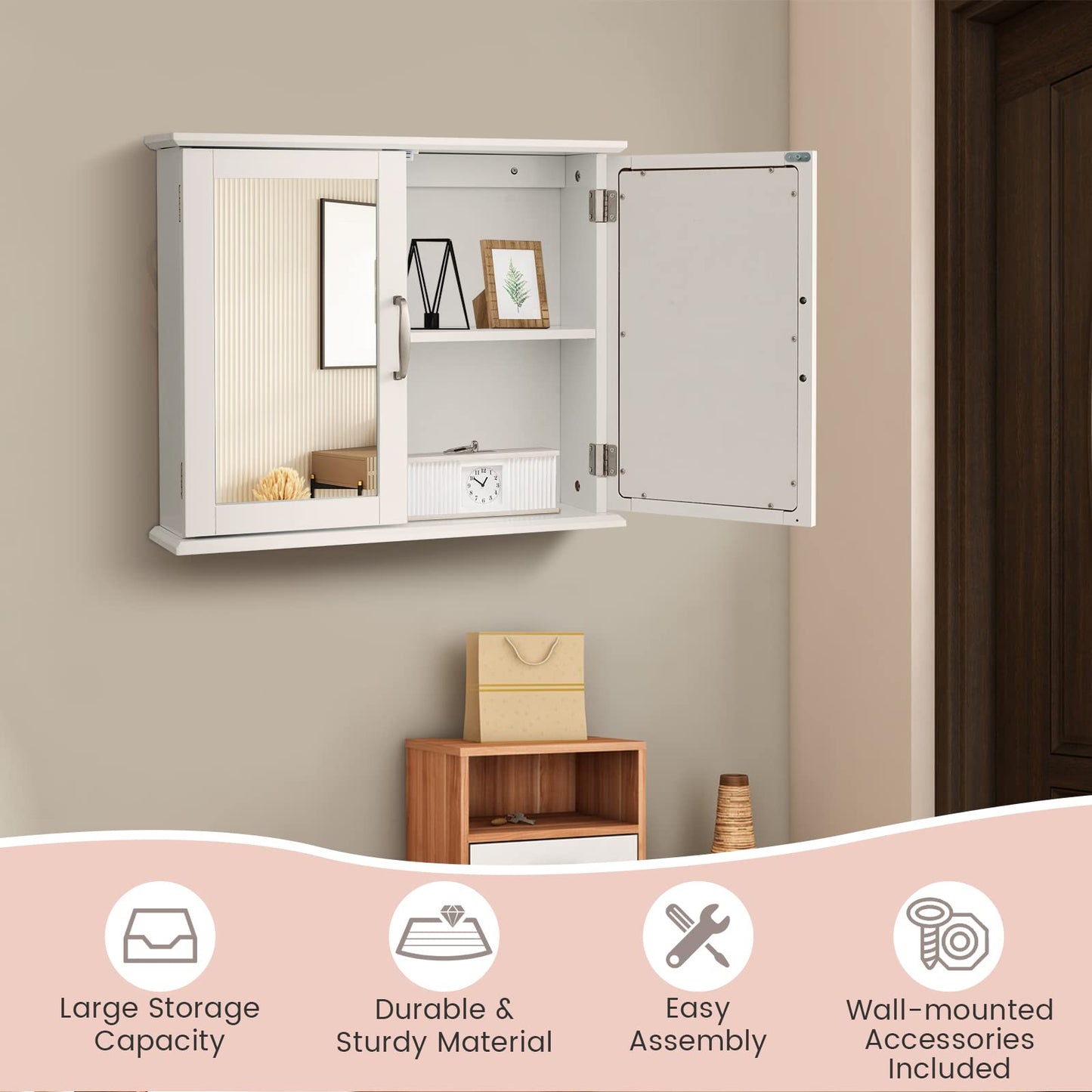 RELAX4LIFE Bathroom Wall Cabinet, Double Door Mirrored Storage Cupboard with Inner Shelf