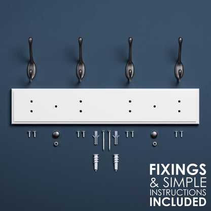 LARHN White Wall-Mounted Coat Rack - 4 Black Coat Hooks, 42cm