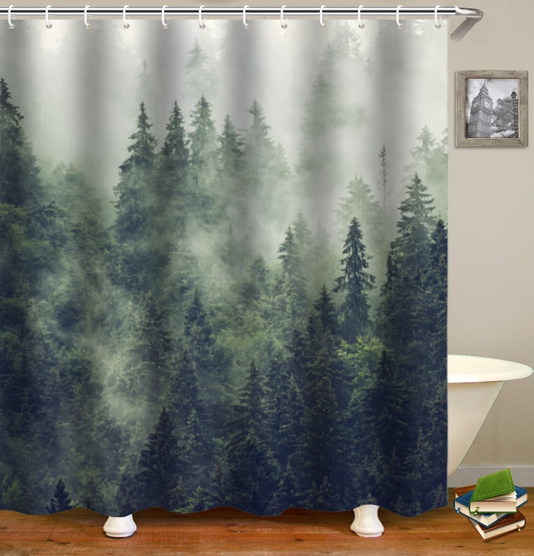xinbai Shower Curtain White Misty Forest Shower Curtains Plant Tree Nature Woodland Shower Curtain 180 x 180 cm with 12 Hooks Fabric Bath Curtain