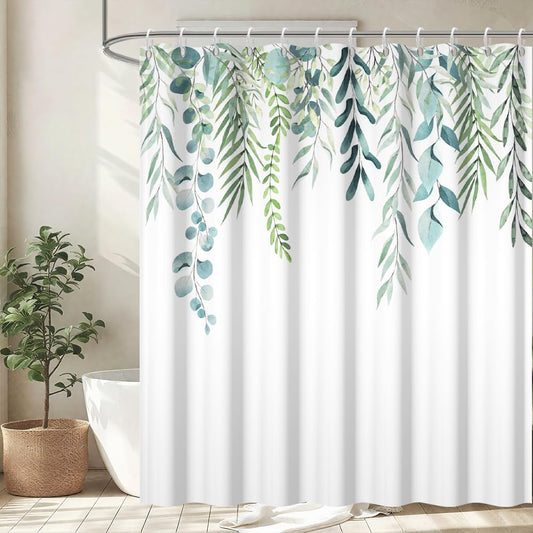 Uiiooazy Sage Green Shower Curtain, Green Eucalyptus Leaves Bath Curtain Mildew and Mould Resistant Polyester Fabric Washable Opaque Shower Curtain