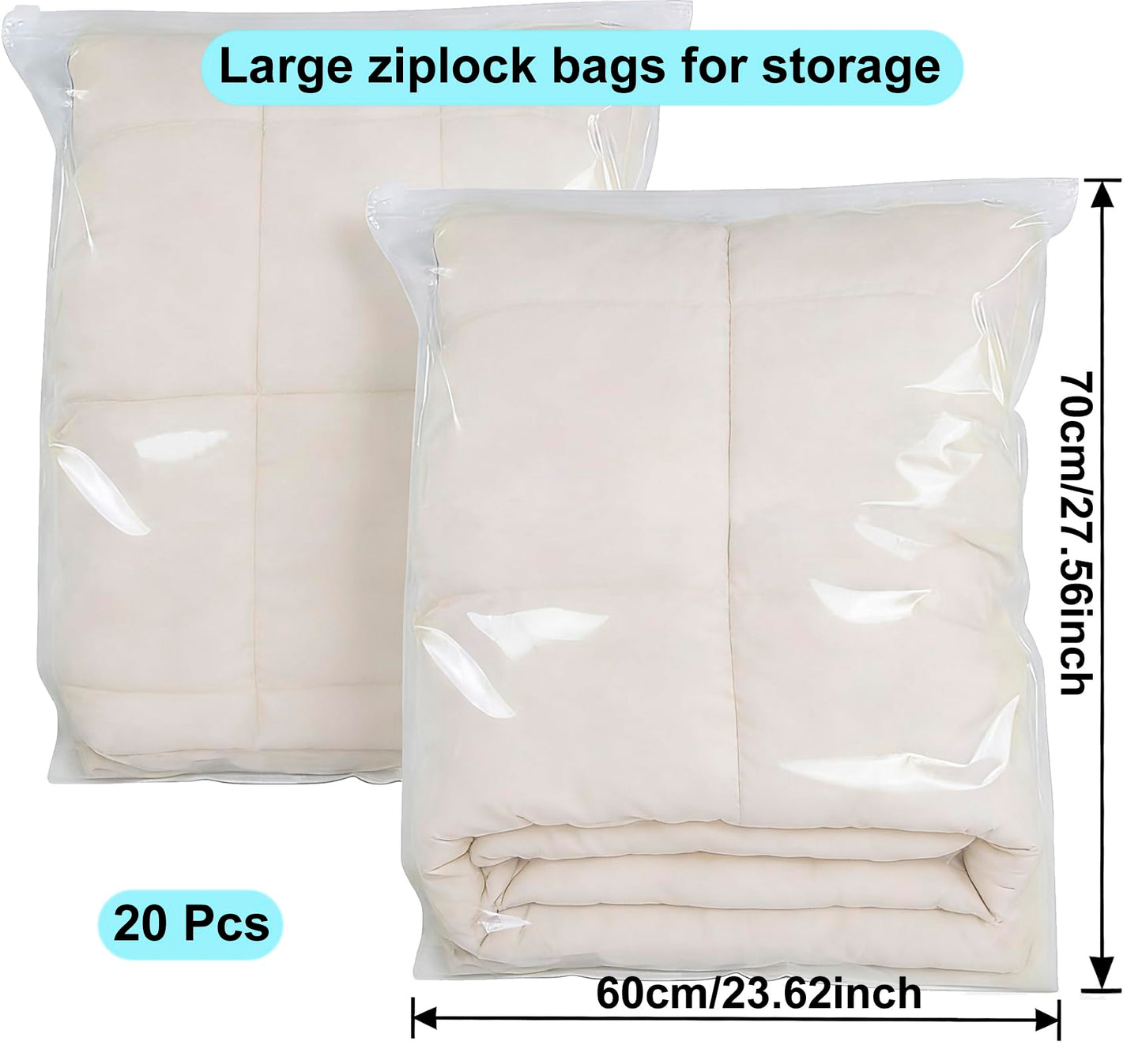 QISF 60 x 70 cm Reusable Ziplock Bags for Clothes - 20 Pcs Store & Protect Zip Seal Clothes Storage Bags，Large Clear Seal Bag Waterproof Luggage