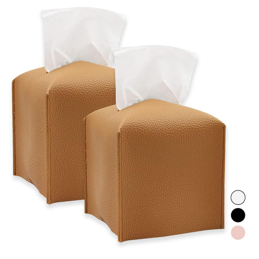Tissue Box Cover, Square PU Leather Tissue Holder, Square Napkin Dispenser for Home, Hotel, Office, Vanity and Restaurant - 5 Inch Cube - 2 Pcs Brown