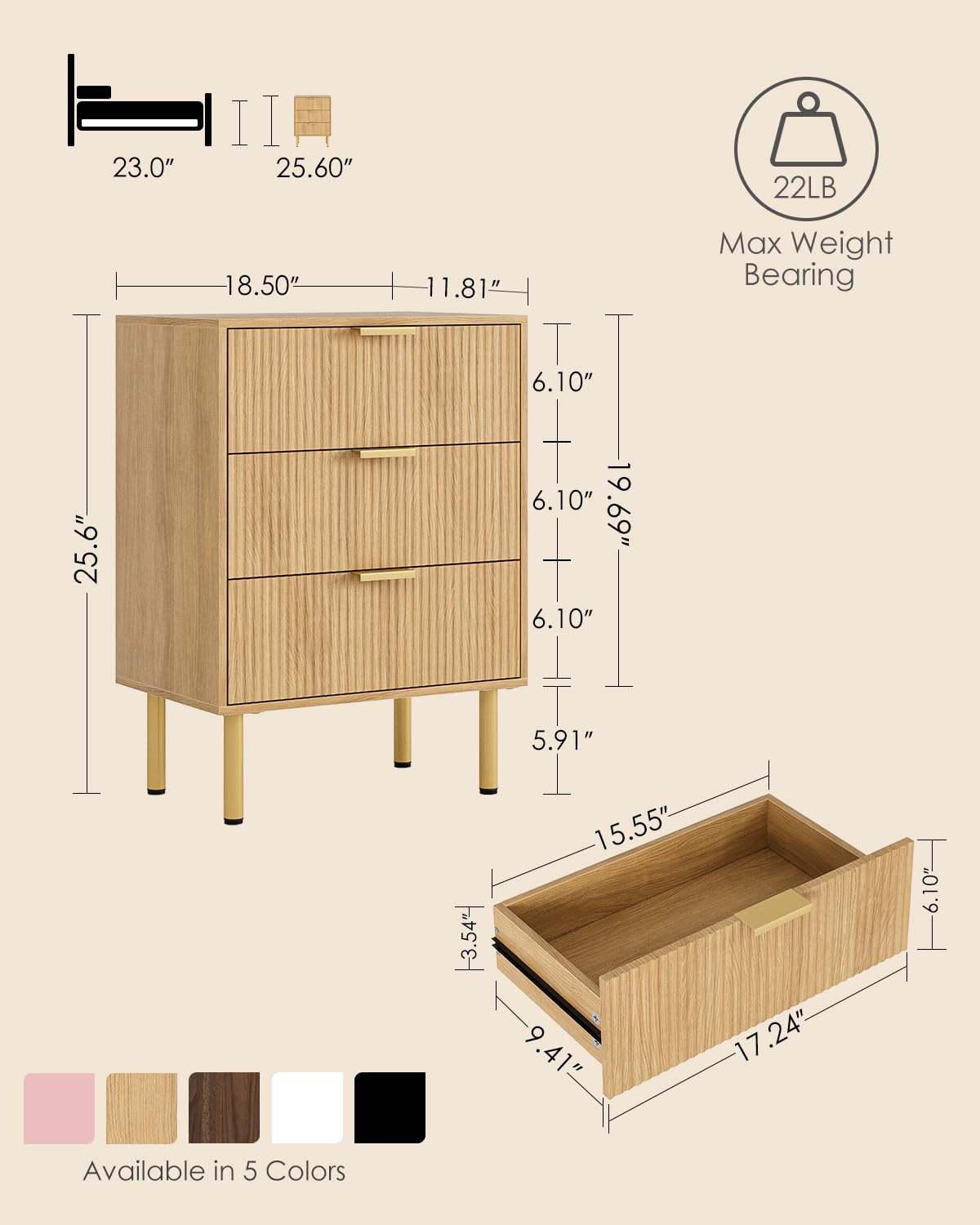 Apetaccat Bedside Table with 3 Drawers, Modern Bedside Cabniet with Metal Legs, Fluted Nightstand, Side Table for Bedroom, Living Room, Office, Oak