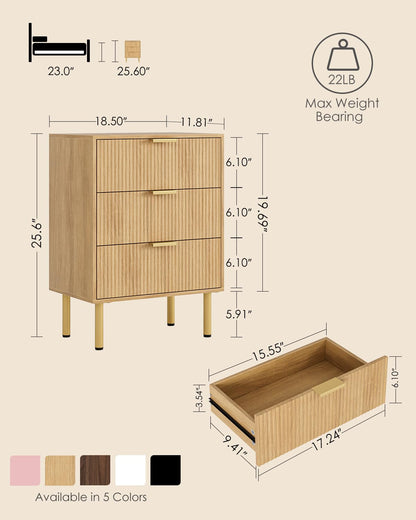 Apetaccat Bedside Table with 3 Drawers, Modern Bedside Cabniet with Metal Legs, Fluted Nightstand, Side Table for Bedroom, Living Room, Office, Oak