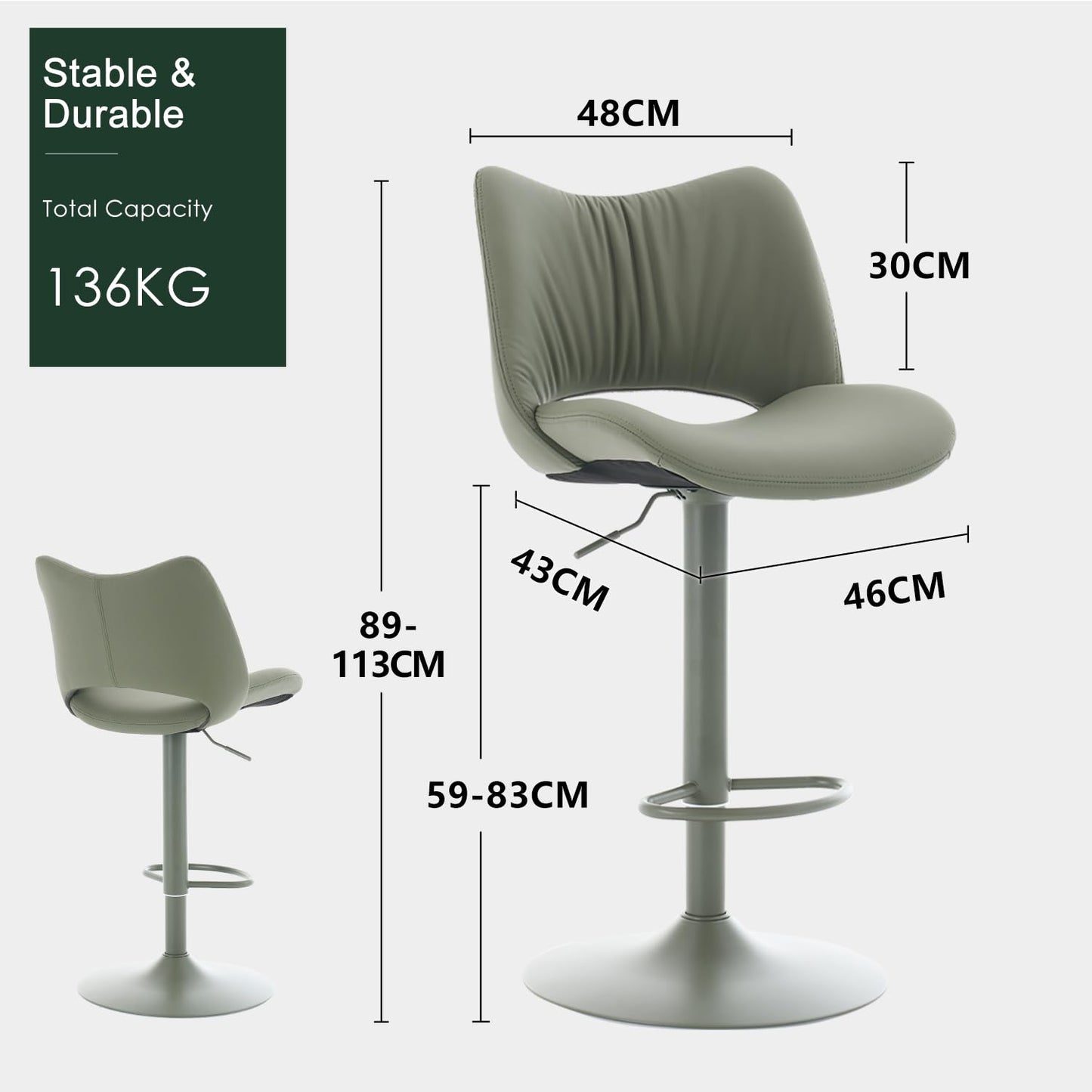 YOUNUOKE Single Bar Stool, Swivel Counter Height Barstool, Bean Green