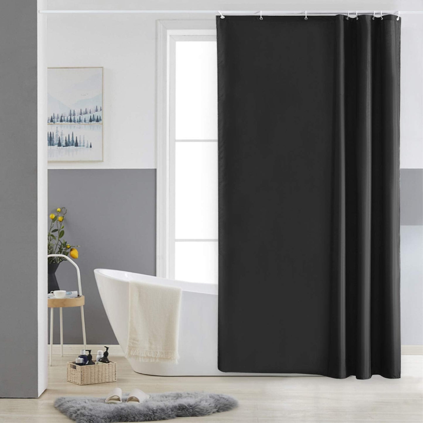 Furlinic Shower Curtain Mould Proof Resistantand Waterproof Washable Polyester Fabric Black Bath Curtains with Weight Tape 8 Hooks for Wetroom 47x72