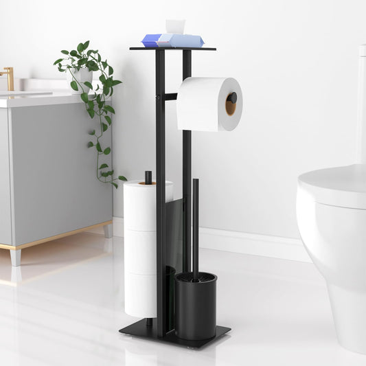 Toilet Roll Holder with Toilet Brush - Toilet Roll Holder Free Standing with Shelf for Wet Wipes, Toilet Roll and Brush Holder Free Standing, Matte