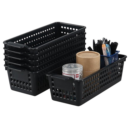 Ysmiltion 6-Pack Slim Plastic Storage Baskets, Small Cupboard Basket, Black
