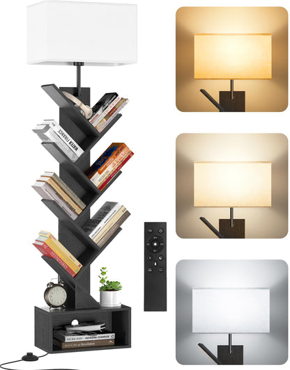 OUTONLIFE 6 Tier Tree Bookshelf with Light & Remote, Small Bookcase with Storage Cabinet, Modern Corner Bookshelves Organizer