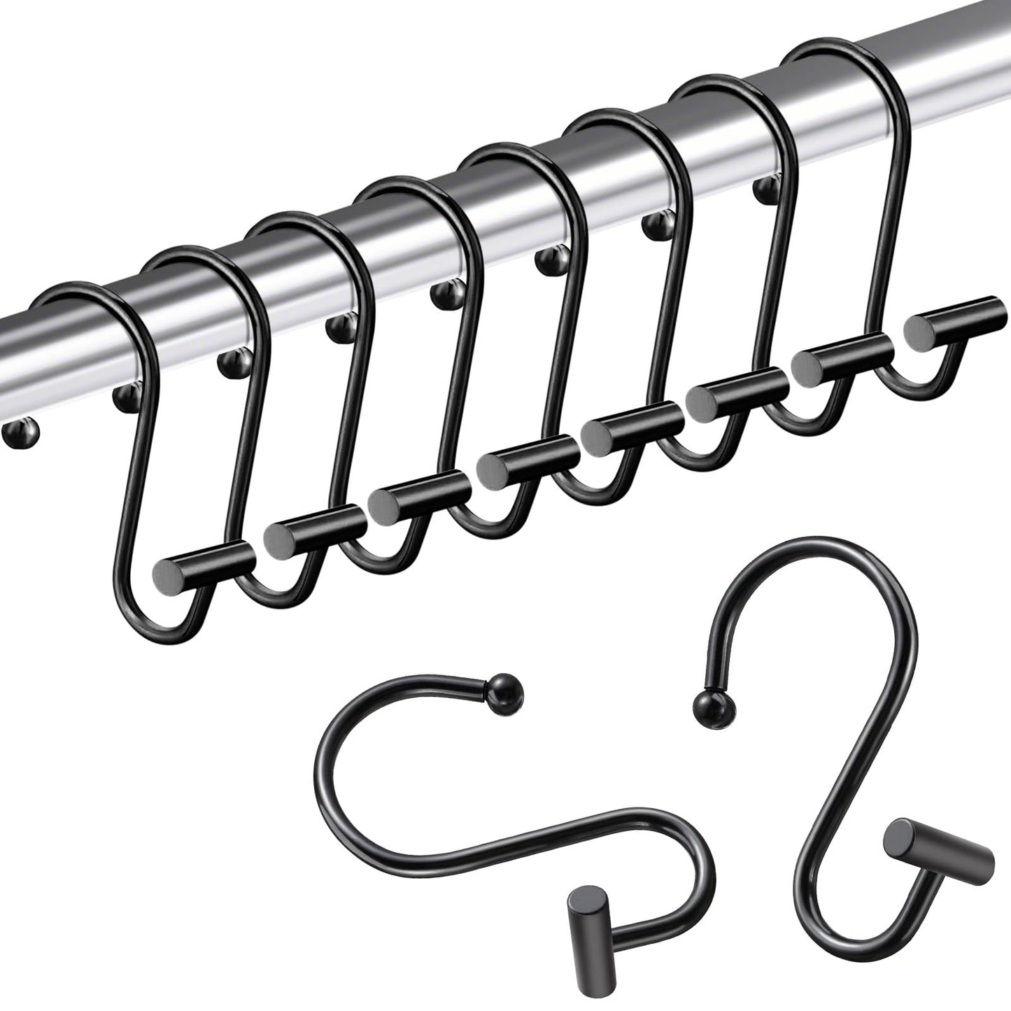 AURIVISTA 12 Pack Shower Curtain Hooks, Rust Proof T-Bar Rings, Black