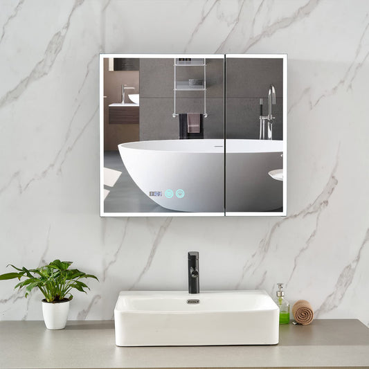 Plumbsys LED Bathroom Mirror Cabinet Black 2 Door With Anti-Fog Demister Pad, Time and temperature display Illuminated Light, HD mirror, 750 x 650mm