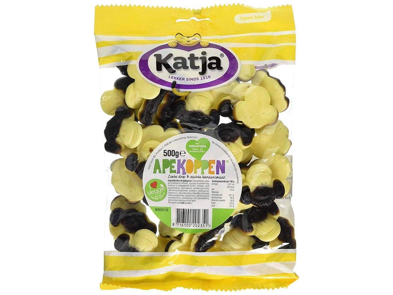 Katja Banana/Liquorice Monkeys (500g Bag) | Premium Dutch Vegetarian Sweets