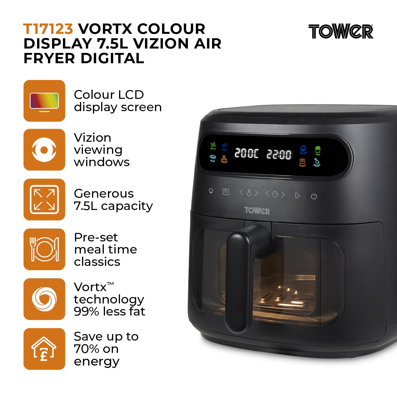 Tower, T17123, Vortx Vizion 7.5L Air Fryer with Colour Digital Display, Digital Control Panel & 7 One-Touch Pre-sets, 1900W, Black