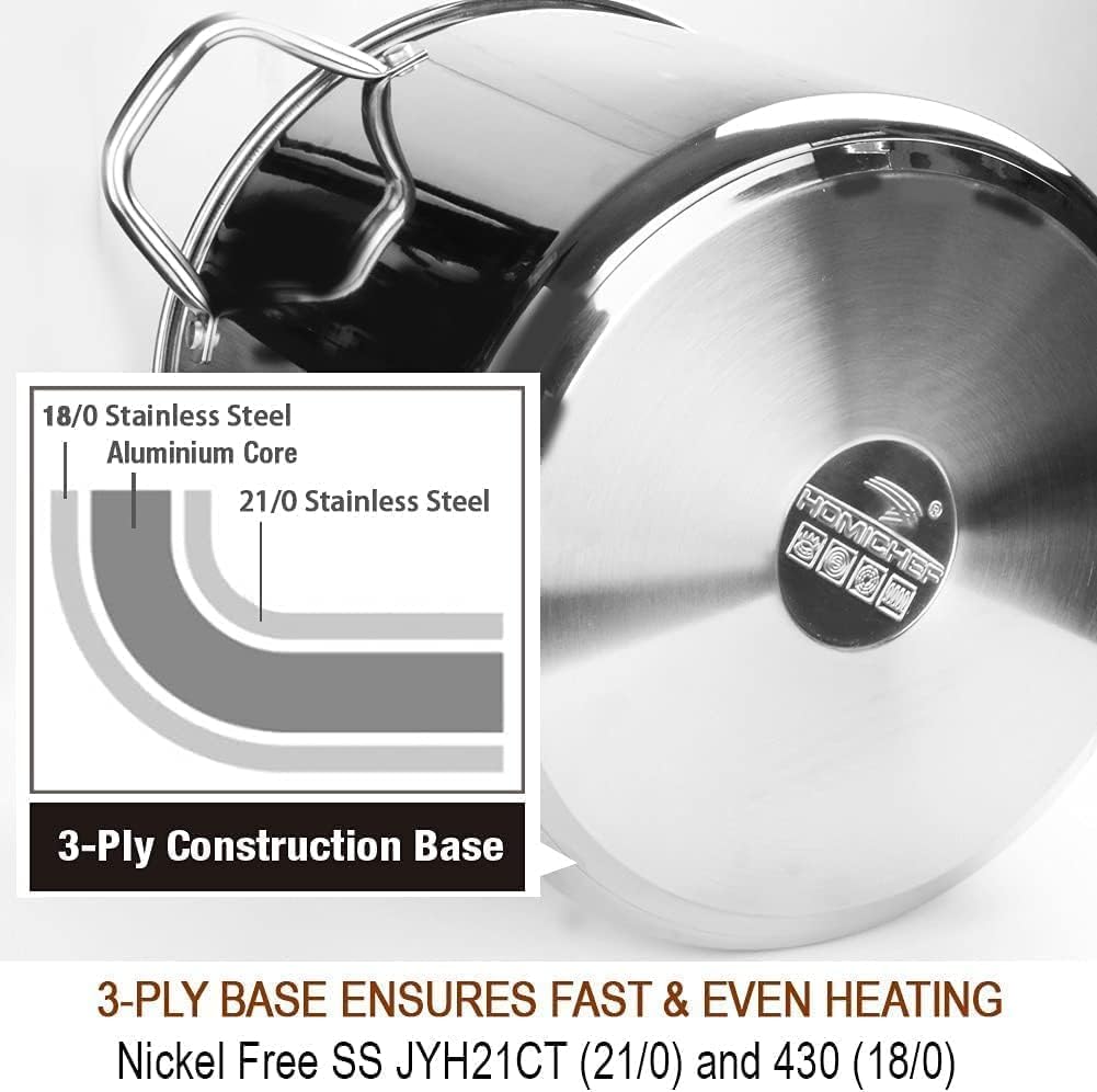 HOMICHEF Large Nickel Free Stainless Steel Stock Pot with Lid (29 cm, 15 Litre) - Mirror Polished Stock Pot 15L with Lid - Heavy Soup Pot Large