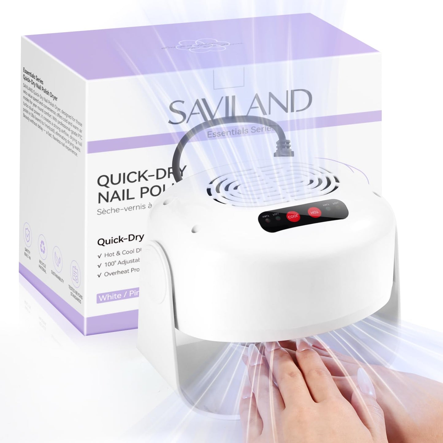 SAVILAND Essentials 600W Fast Nail Dryer: 6X Fast Drying Nail Polish Dryer for Regular Polish Nail Fan With Adjustable Angle Fingernail Dual Heating &
