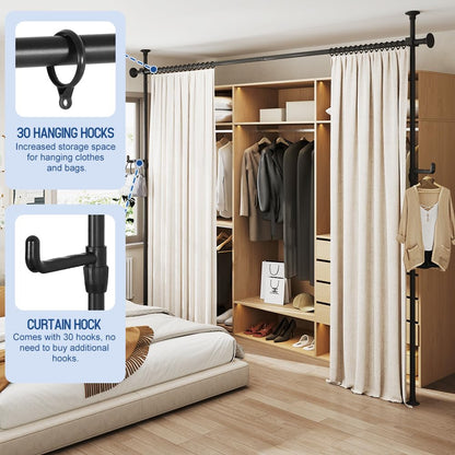 KELIXU Room Divider Curtain Rod No Drilling, 4-10ft (W) x 4-10ft (H) Room Partition with Hanging Hooks, Floor to Ceiling Divider for Room Separation