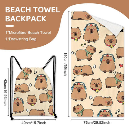 Capybara Microfiber Beach Towel Sand Free Absorbent Extra Large Travel Towels for Adults Kids Microfibre Towels for Adults with Drawstring Bag 2in1