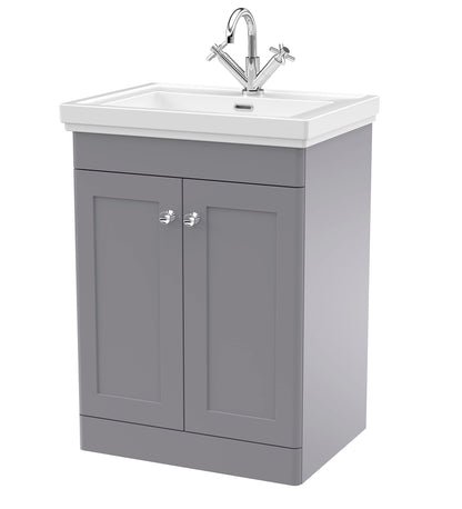 nuie CLC225A Classique Traditional Bathroom Floor Standing 2 Door Vanity Basin Unit with 1 Tap Hole Fireclay Basin, 600mm, Satin Grey