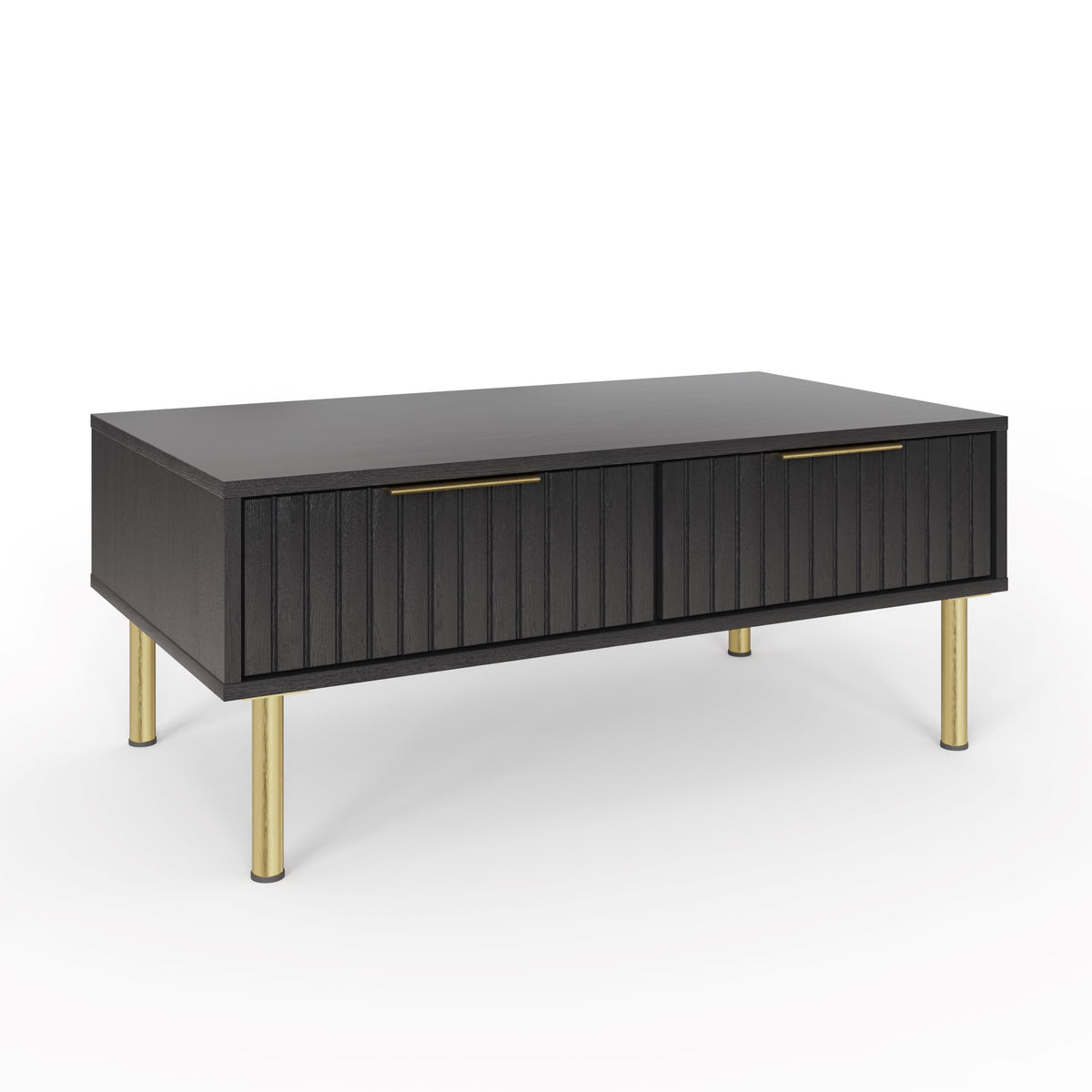 GFW Nervata Coffee Table, Black Coffee Table with 2 Drawers, Art Deco Style Living Room Table with Gold Accents and Wood Grain Texture