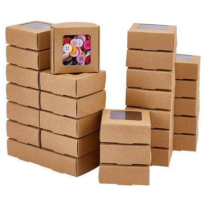 BENECREAT 60 Pack Square Clear Window Box, Brown Kraft Paper Container Party Favor Packaging Boxes