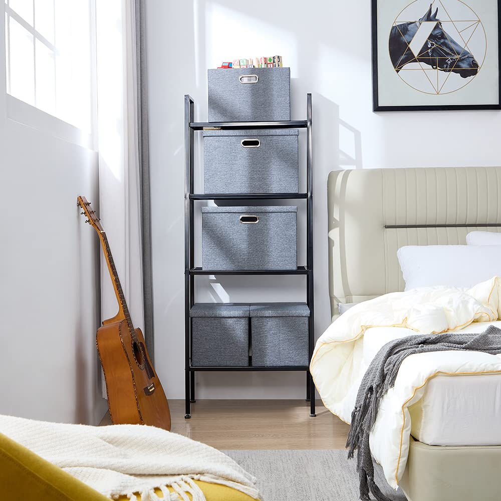 AlphaHome Fabric Storage Box with Lid, Collapsible Linen Fabric Storage Baskets with Galvanized Metal Handle, Set of 3 (Slate Grey, XLarge - 3 Pack)