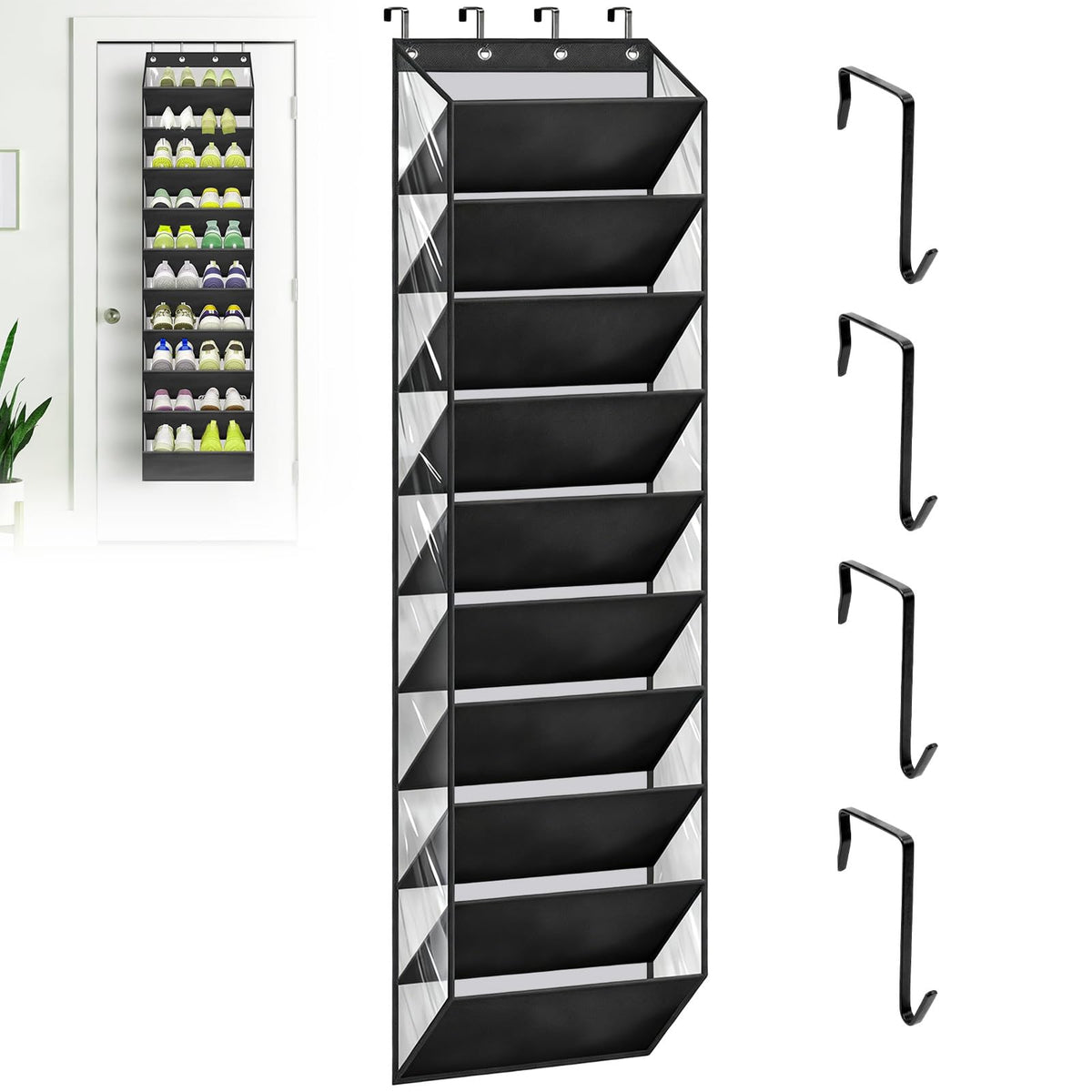 Over Door Shoe Storage with Deep Pockets & 4 Sturdy Metal Hooks, 10 Layers Hanging Boots Organiser, Overdoor Narrow Sneakers Holder