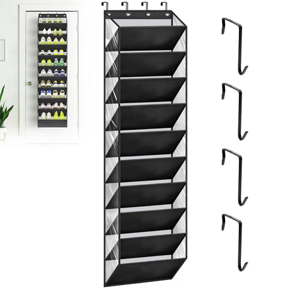 Over Door Shoe Storage with Deep Pockets & 4 Sturdy Metal Hooks, 10 Layers Hanging Boots Organiser, Overdoor Narrow Sneakers Holder
